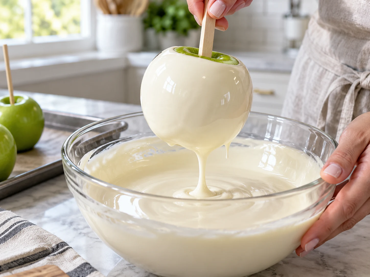 Whole Granny Smith apple dipped into smooth melted white chocolate