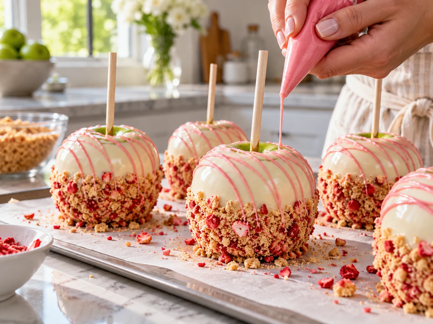 Pink strawberry candy drizzle piped over white chocolate candy apples with shortcake crumbs