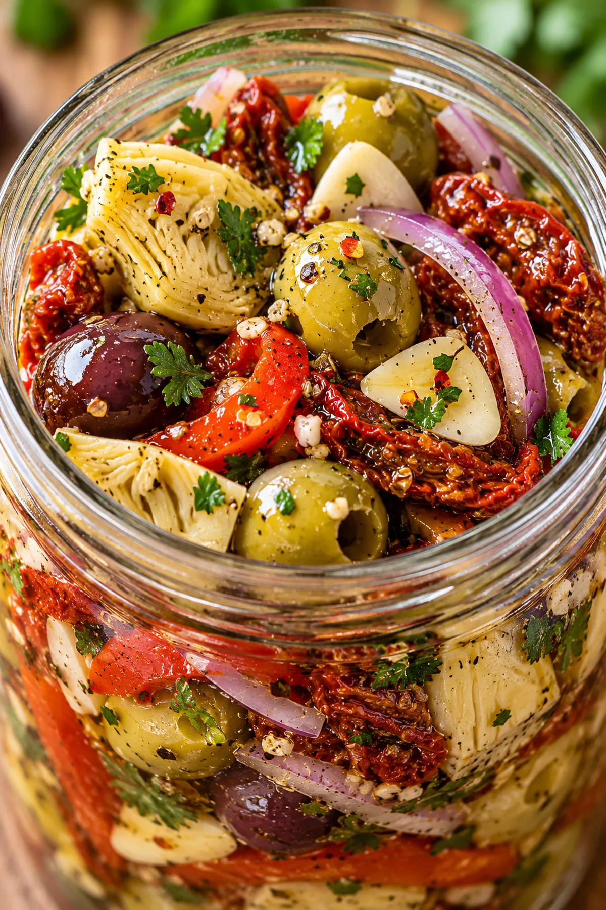 Close-up of mixed olives, sun-dried tomatoes, artichokes, peppers, garlic, and herbs in a jar