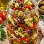 Glass jar filled with sun-dried tomatoes, mixed olives, artichokes, roasted peppers, garlic, and herbs