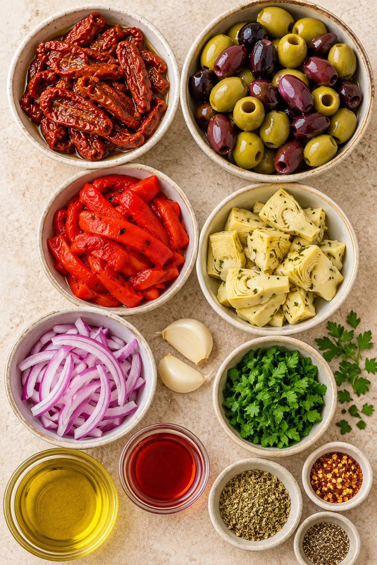 Ingredients for sun-dried tomato olive antipasto arranged in bowls on a light counter