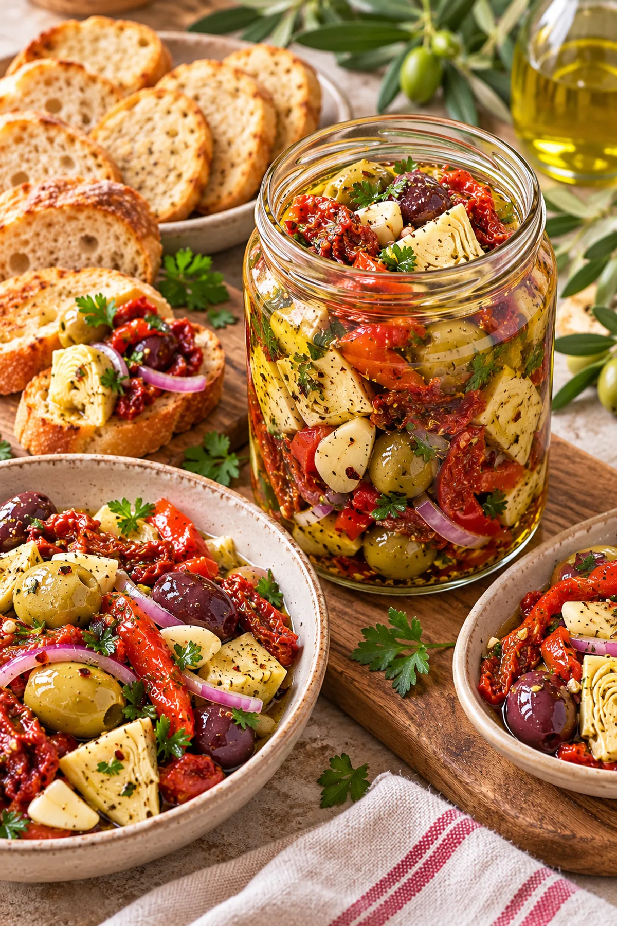 Sun-dried tomato olive antipasto jar served with crostini, bread, and crackers