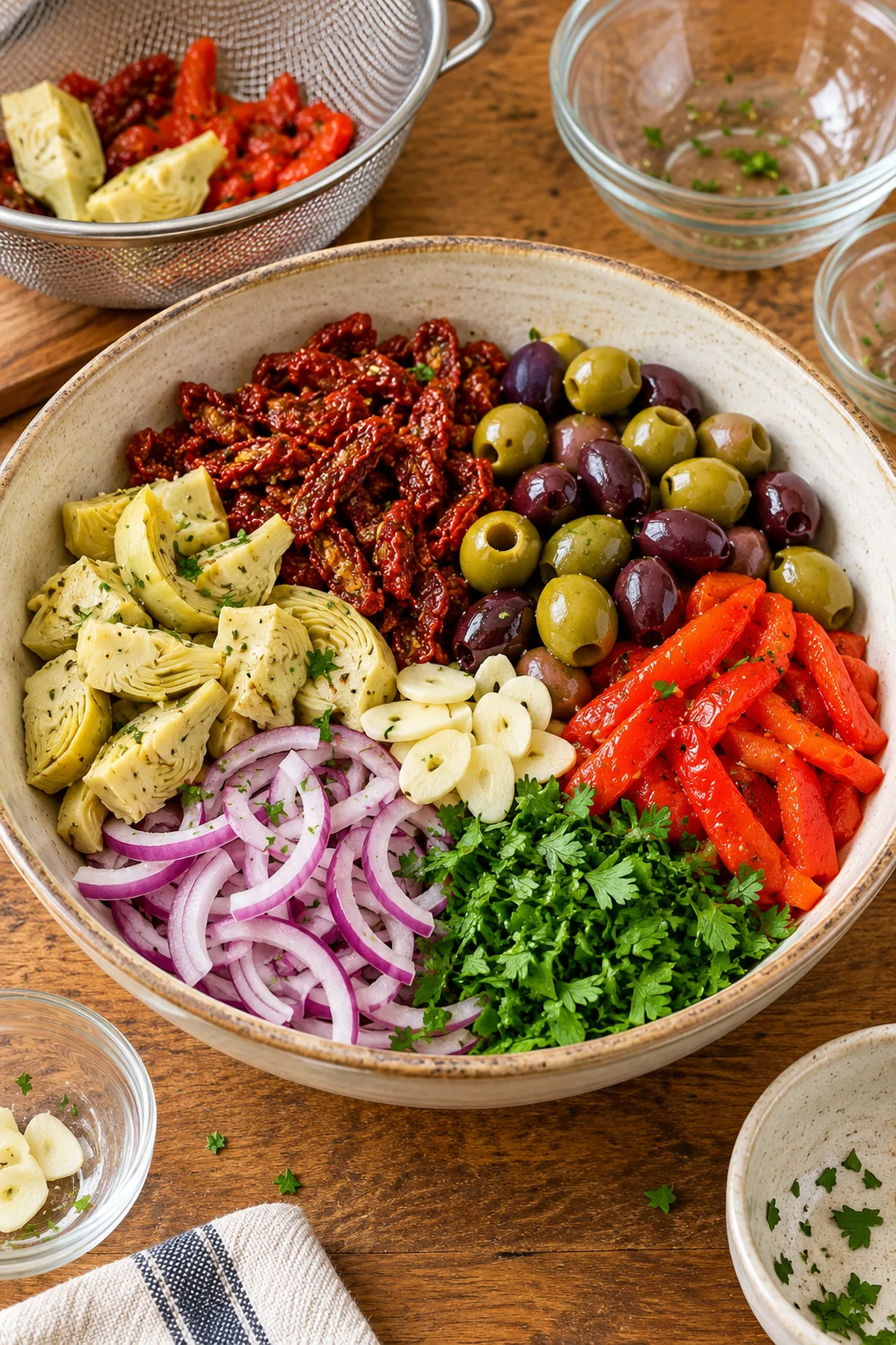 Drained olives, sun-dried tomatoes, roasted peppers, artichokes, onion, garlic, and parsley in a mixing bowl