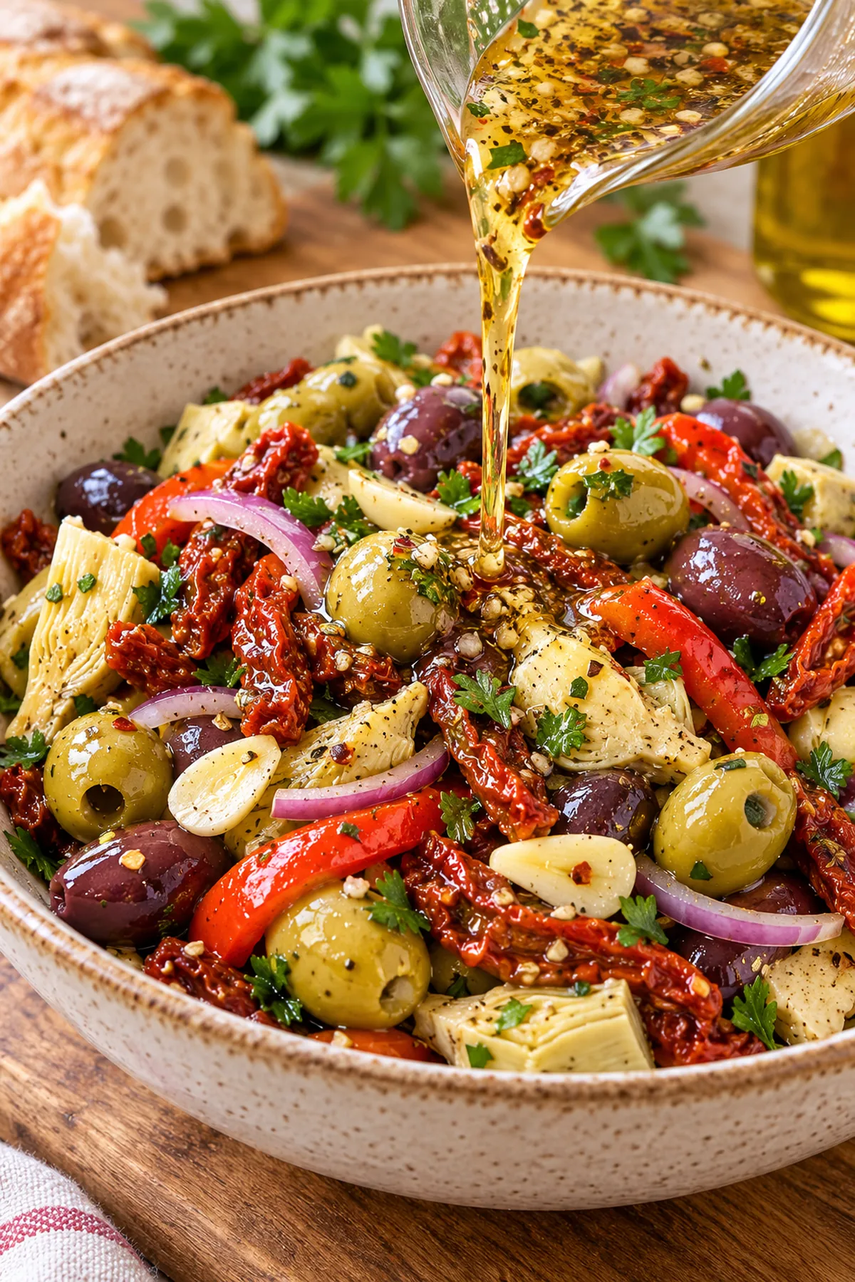 Olive oil and red wine vinaigrette being poured over mixed antipasto ingredients