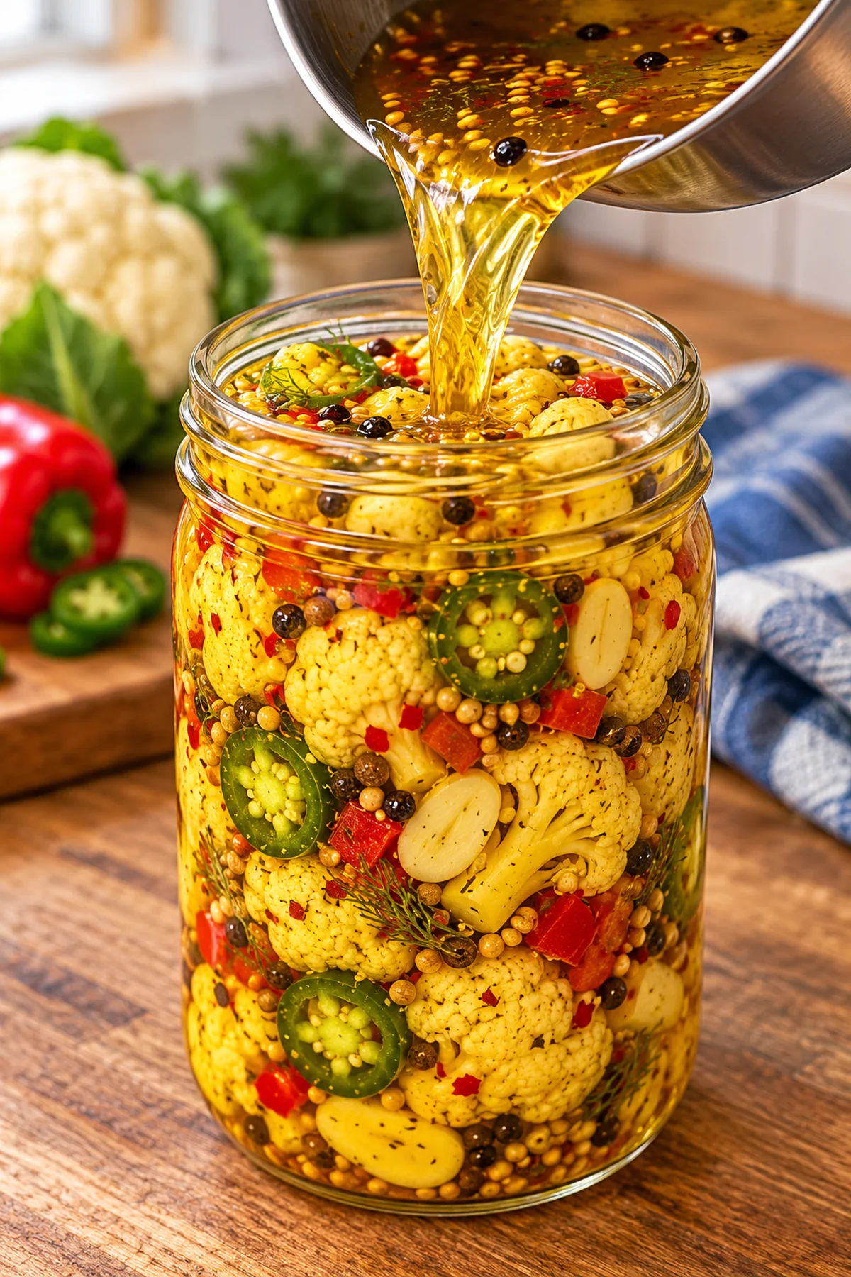 Golden sweet and spicy vinegar brine poured over cauliflower, peppers, and garlic
