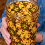 Large jar of sweet and spicy pickled cauliflower with jalapeño, garlic, peppercorns, and mustard seeds