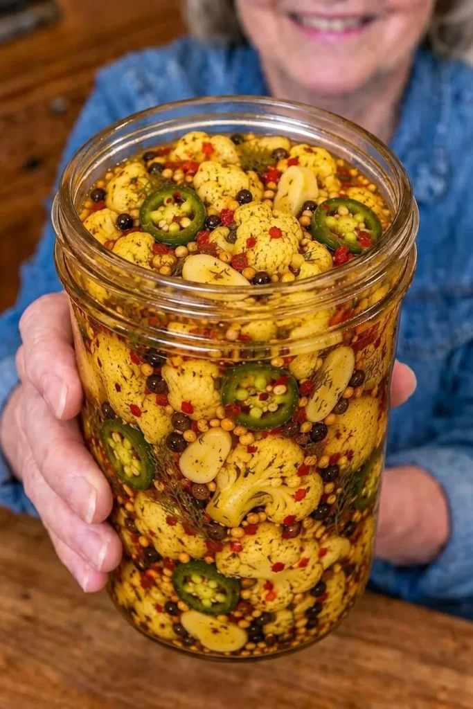 Large jar of sweet and spicy pickled cauliflower with jalapeño, garlic, peppercorns, and mustard seeds