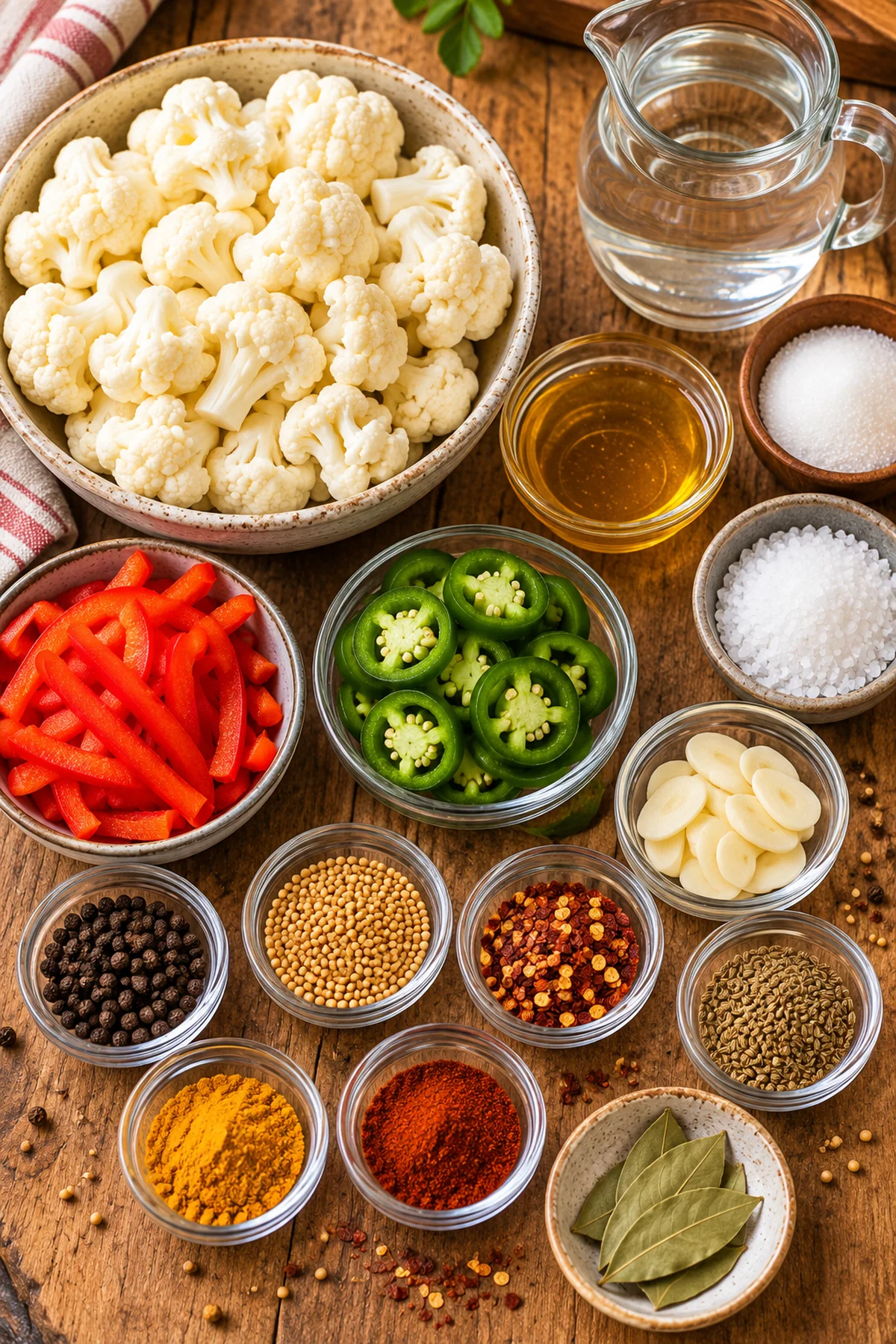 Cauliflower, red pepper, jalapeño, garlic, vinegar, honey, sugar, salt, turmeric, paprika, and pickling spices