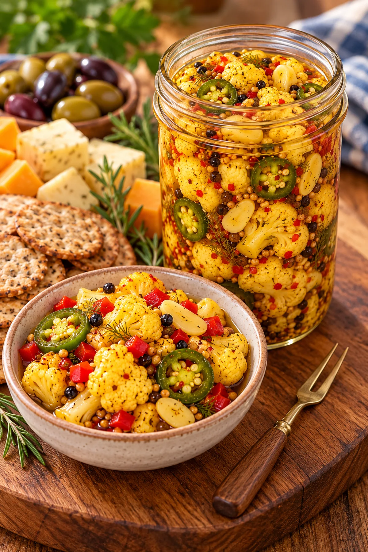 Sweet and spicy pickled cauliflower served with cheese, olives, and crackers