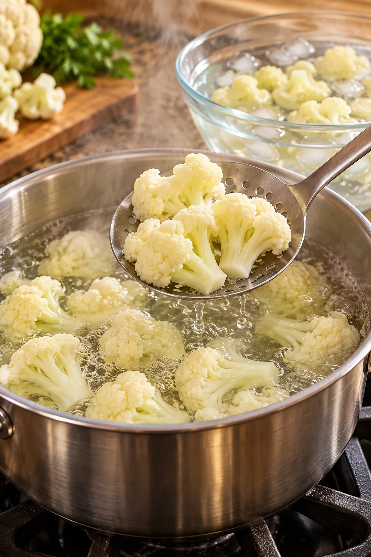 Cauliflower florets briefly blanched in boiling water and transferred to cold water