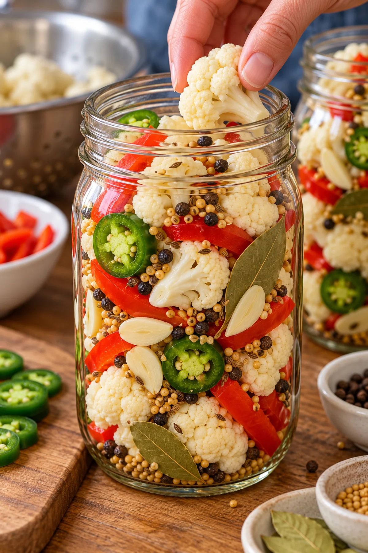 Cauliflower, red bell pepper, jalapeño, garlic, and pickling spices packed into clean jars