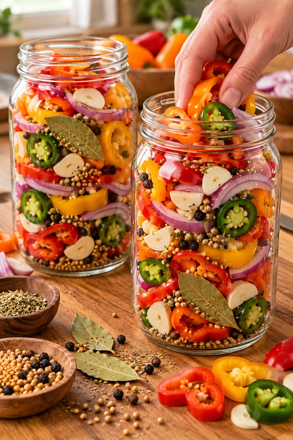 Sweet peppers, jalapeños, red onions, garlic, and spices packed into clean glass jars