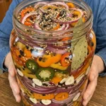 Large jar of sweet and spicy pickled peppers, garlic, red onions, whole spices, and bay leaves