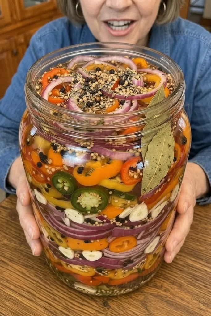 Large jar of sweet and spicy pickled peppers, garlic, red onions, whole spices, and bay leaves