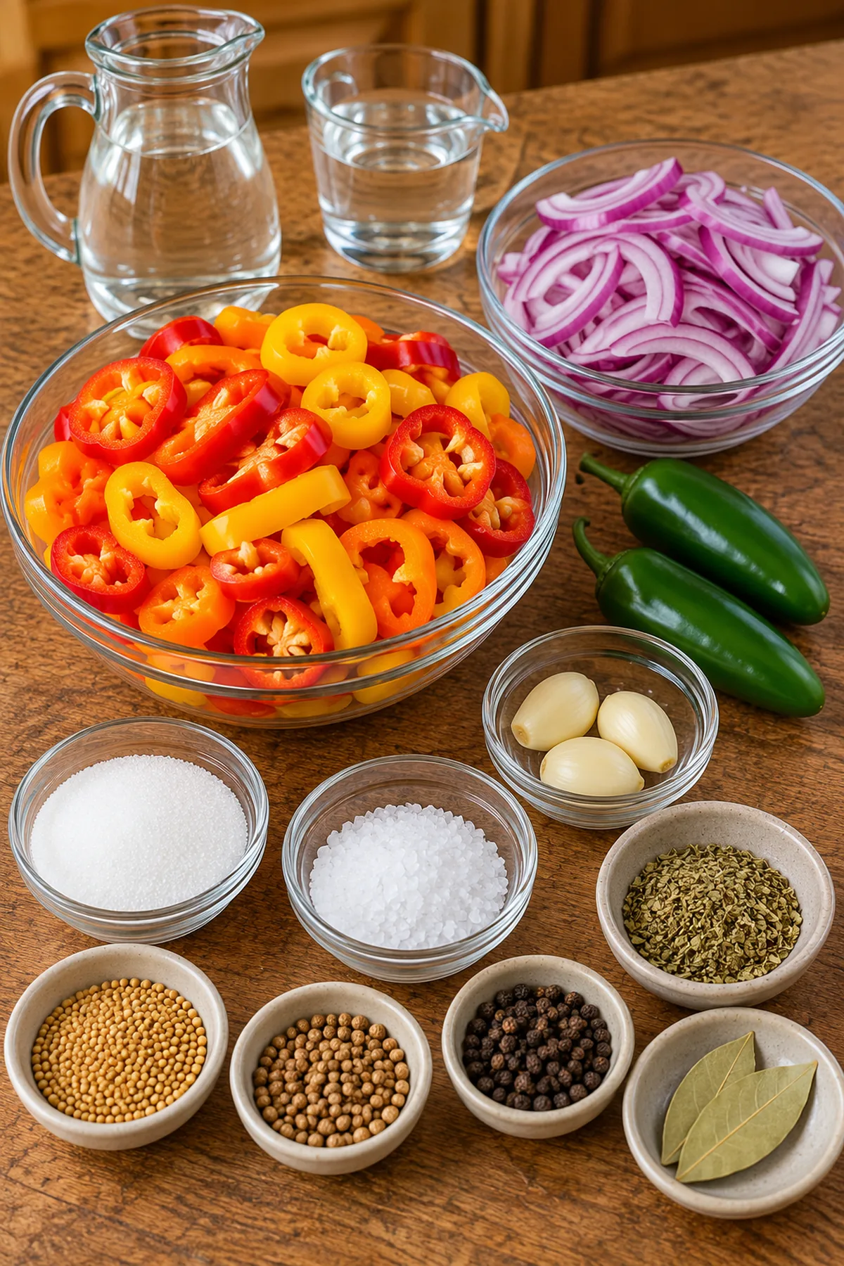 Sweet peppers, jalapeños, red onion, garlic, vinegar, sugar, salt, mustard, coriander, peppercorns, oregano, and bay leaves