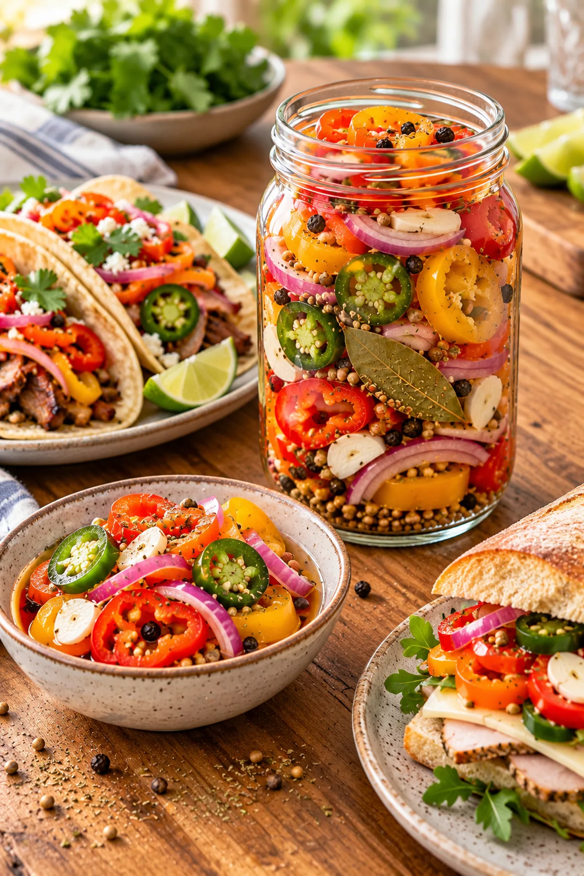 Sweet and spicy pickled peppers, garlic, and onions served with tacos and a sandwich
