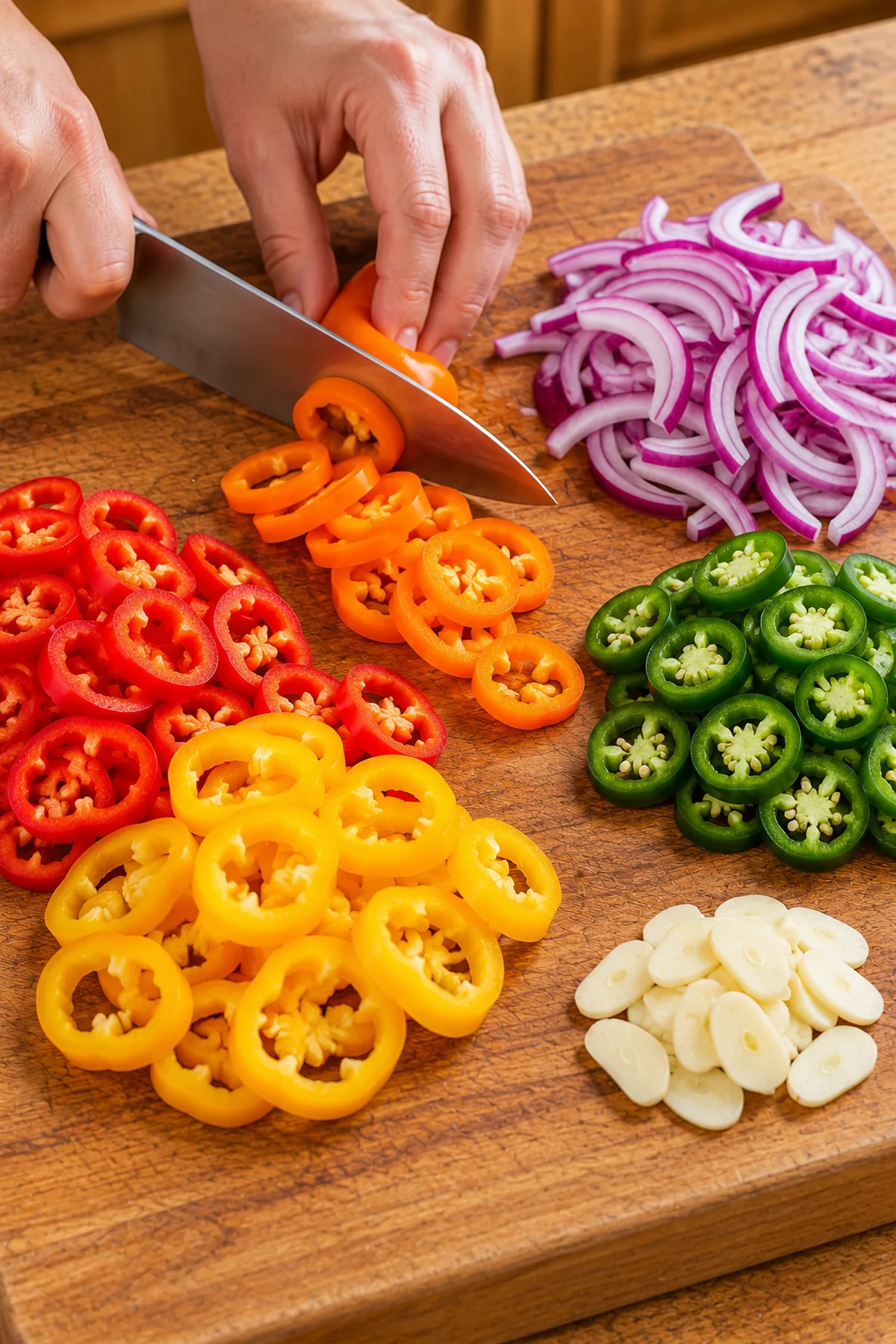 Mini sweet peppers, jalapeños, red onion, and garlic sliced for refrigerator pickles