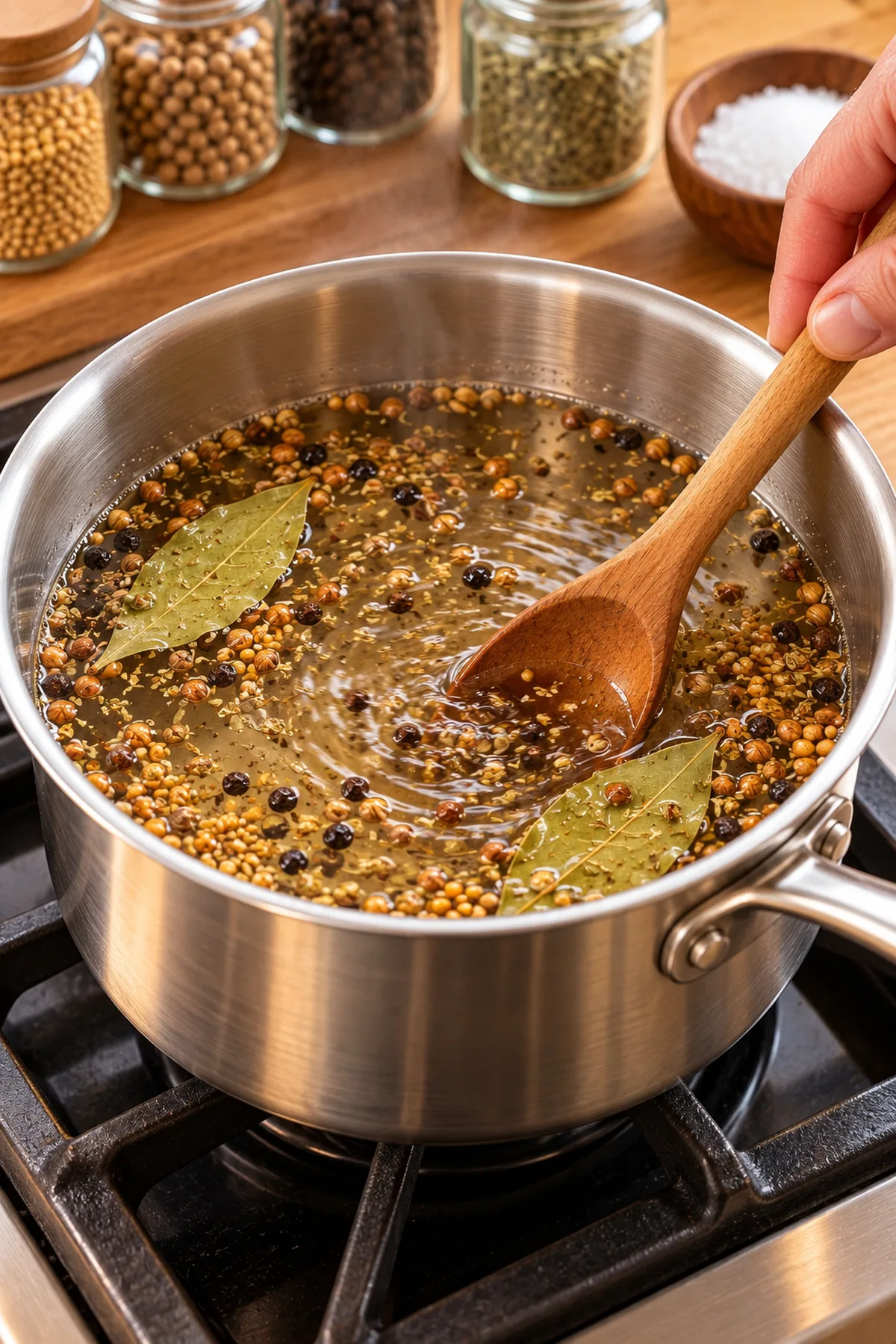 Sweet vinegar brine with mustard, coriander, peppercorns, oregano, and bay leaves gently simmering