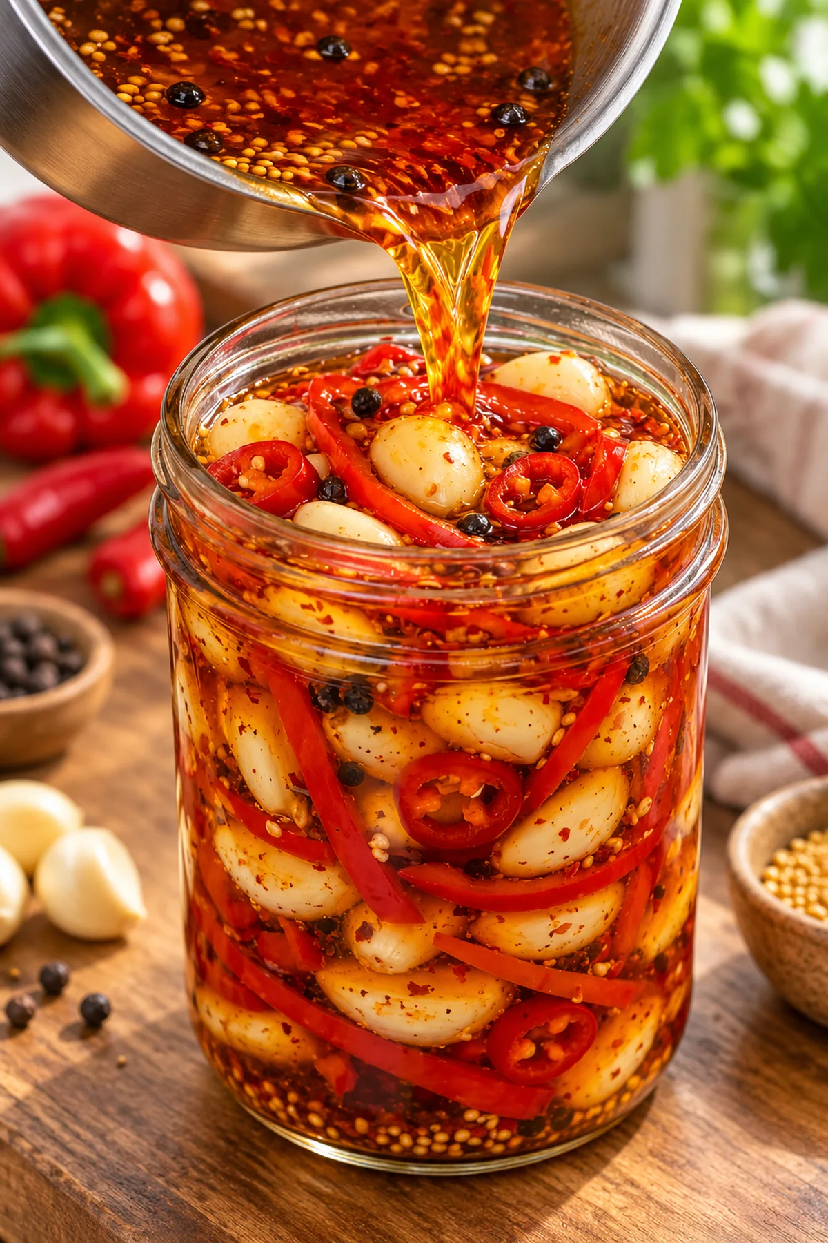 Warm sweet and spicy brine poured over garlic cloves and red peppers in a glass jar