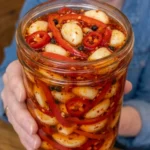 Jar of sweet and spicy red pepper pickled garlic with whole cloves, red peppers, and peppercorns