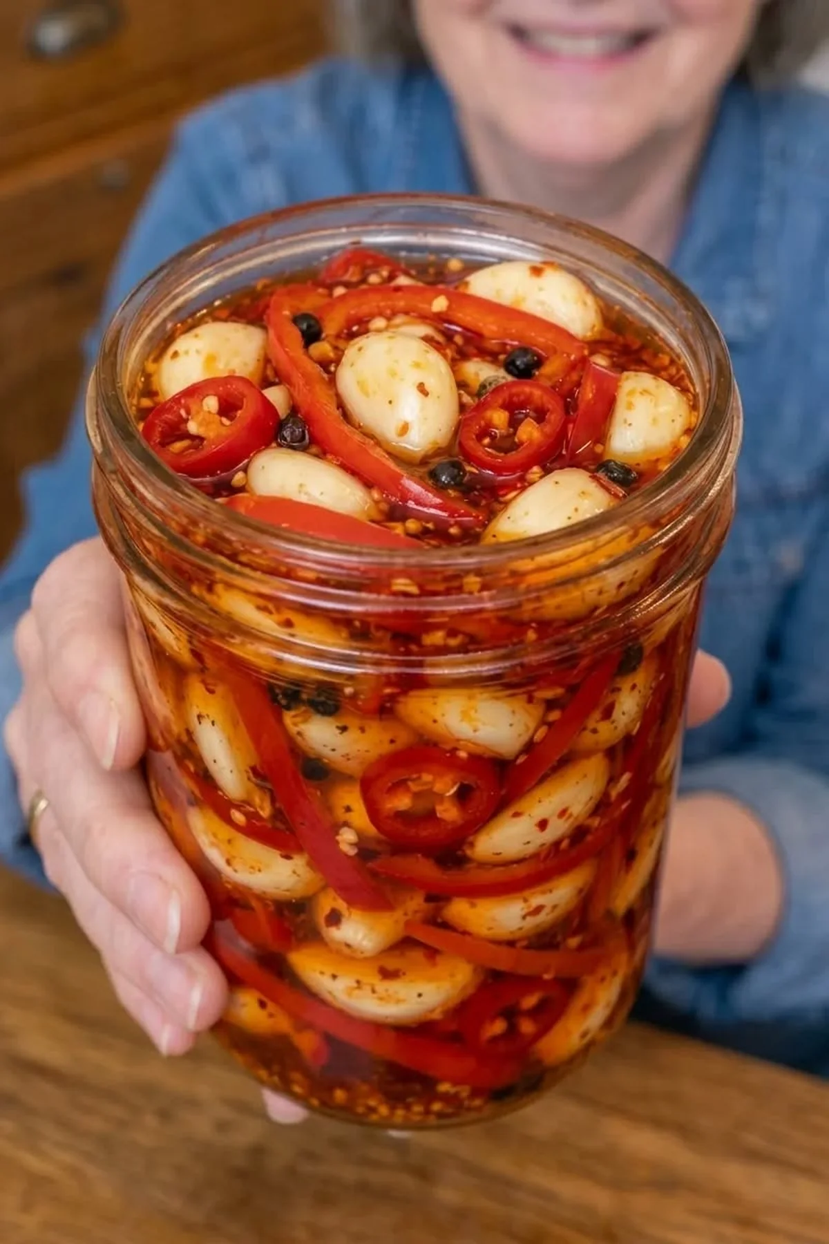 Sweet & Spicy Red Pepper Pickled Garlic