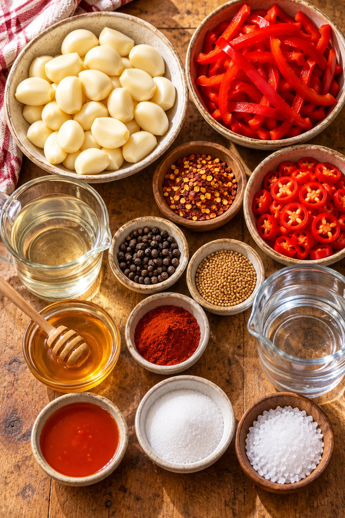 Garlic cloves, red peppers, vinegar, honey, hot sauce, salt, sugar, peppercorns, mustard seeds, and smoked paprika