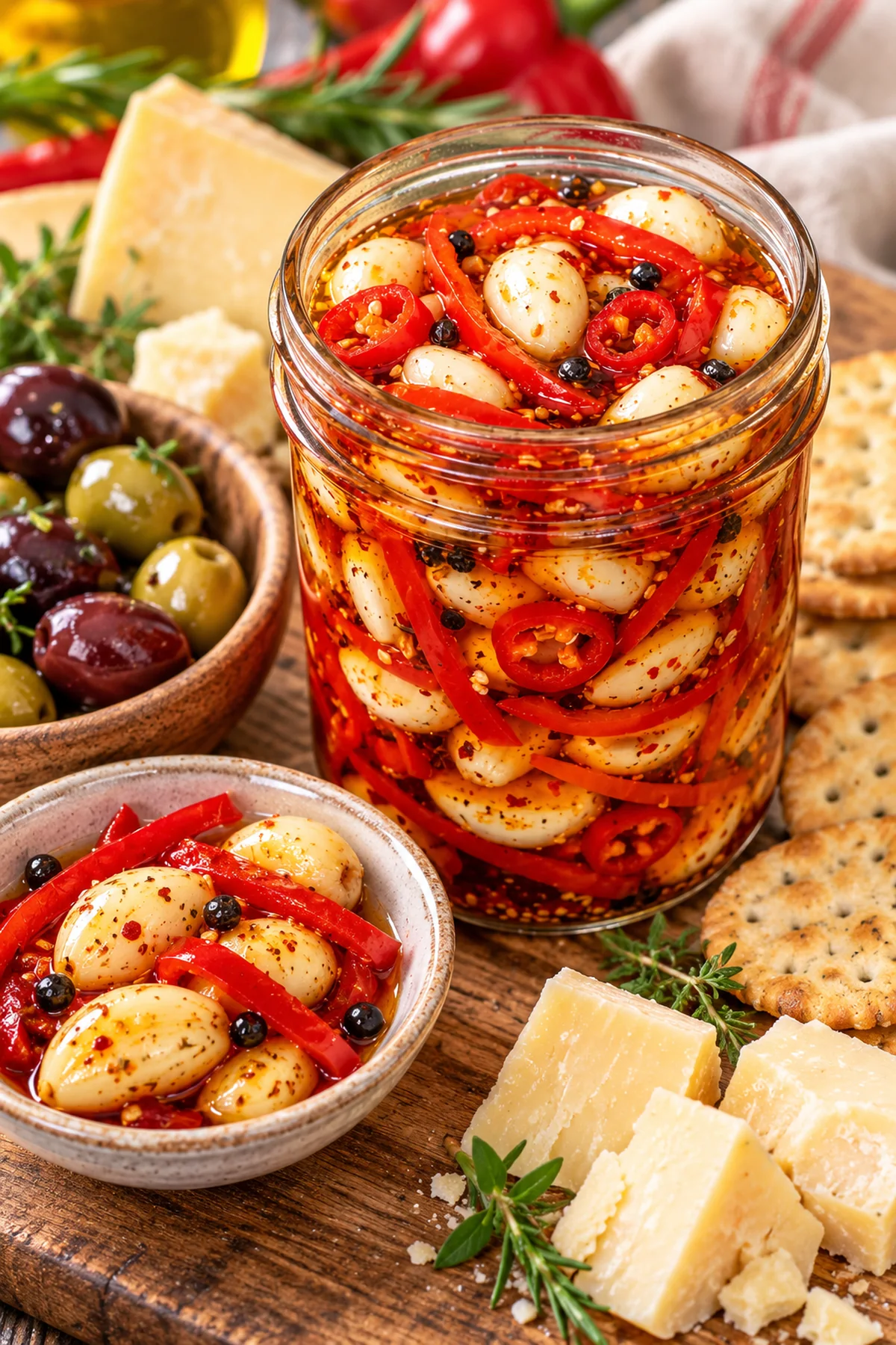 Sweet and spicy red pepper pickled garlic served with cheese, olives, and crackers