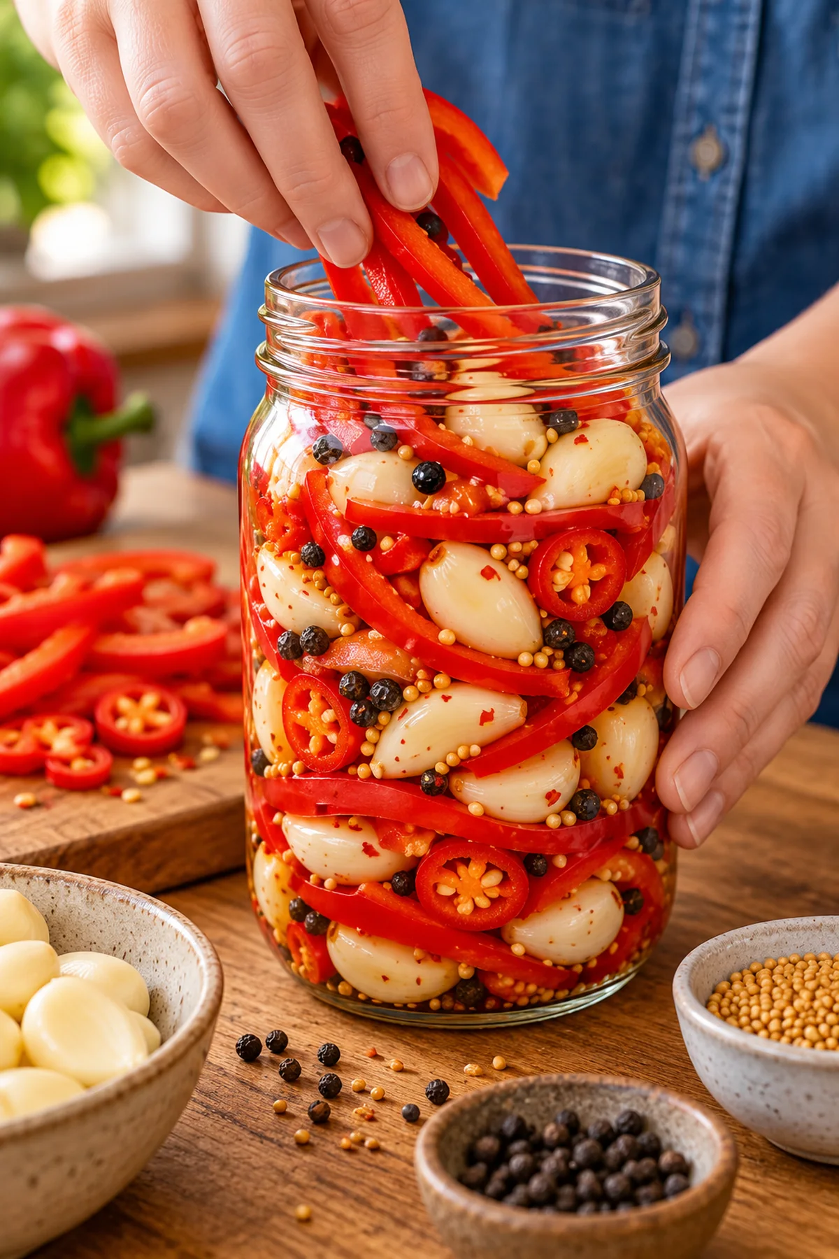 Whole garlic cloves, red bell pepper strips, red chili, peppercorns, and mustard seeds packed in a glass jar