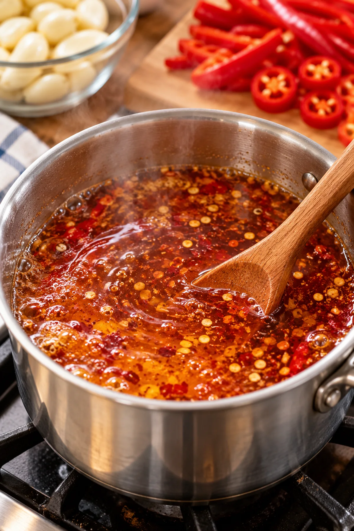 Sweet and spicy vinegar brine with honey, hot sauce, and red pepper gently simmering in a saucepan