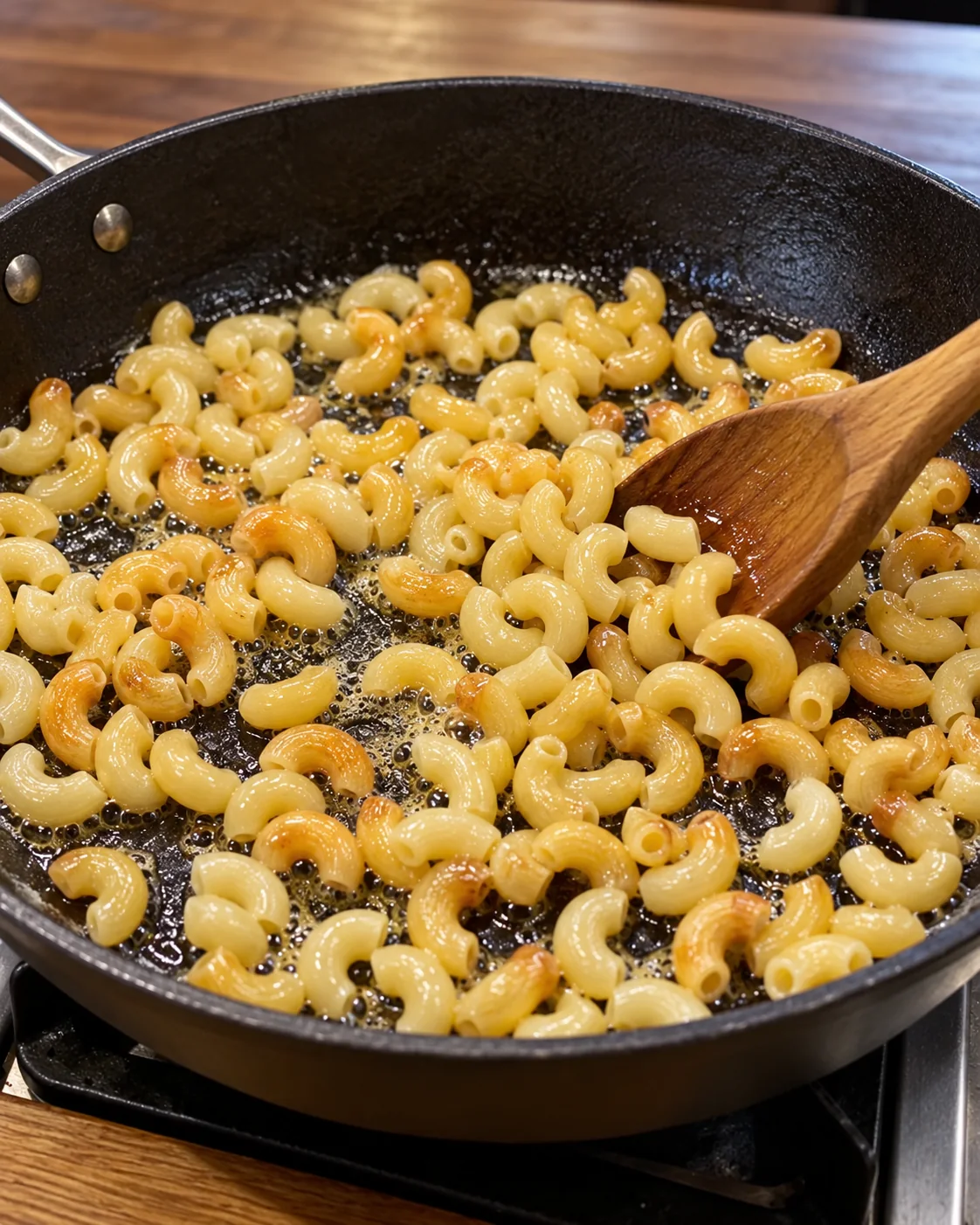 Elbow macaroni toasting in butter and oil for Chile Verde Sopita