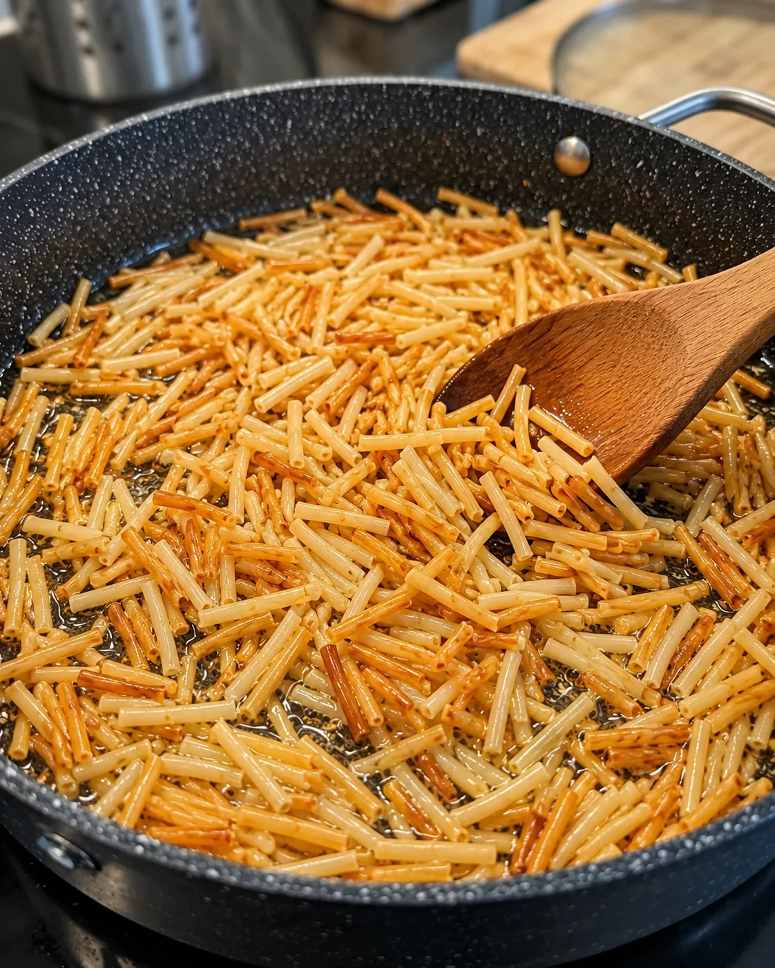 Short fideo noodles toasting in a black speckled pot