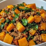 Ground turkey and sweet potato skillet with spinach and bell pepper