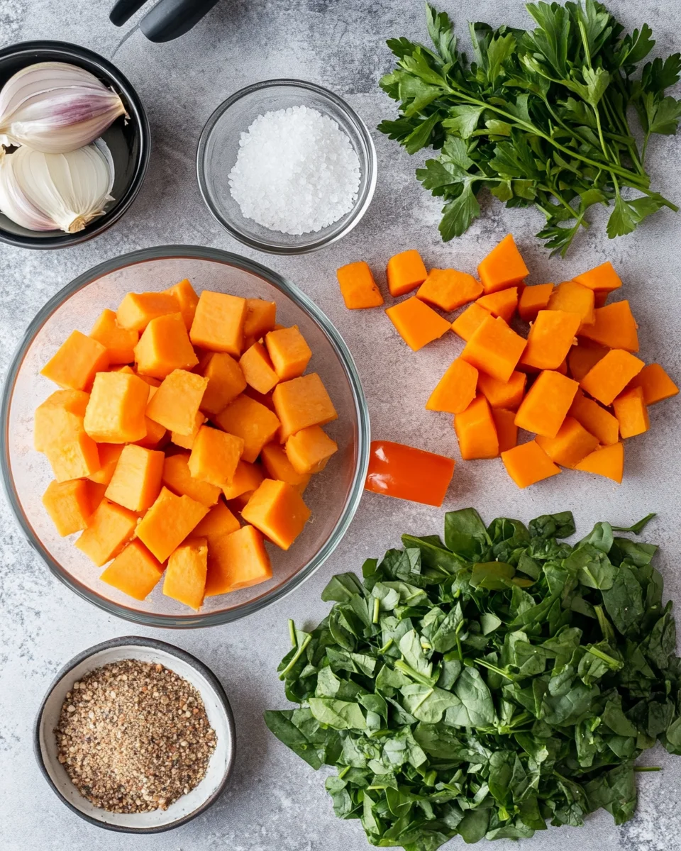 Ground turkey, sweet potatoes, onion, garlic, bell pepper, spinach, olive oil, spices, and parsley