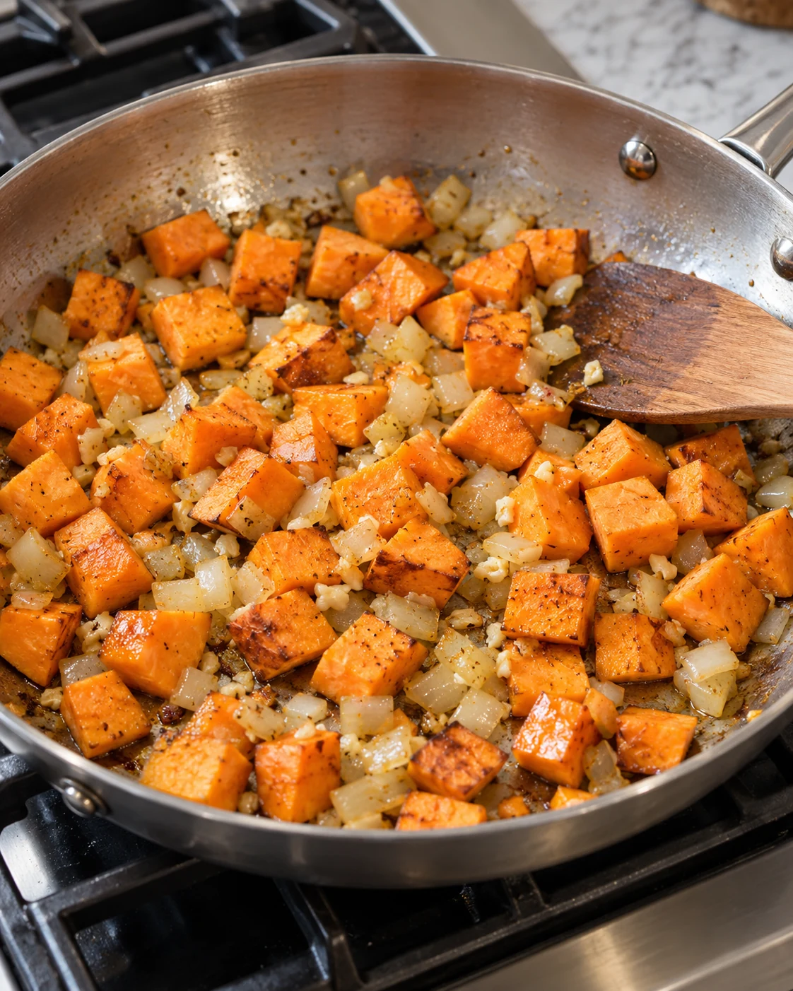 Diced sweet potatoes cooking with onion and garlic in a skillet