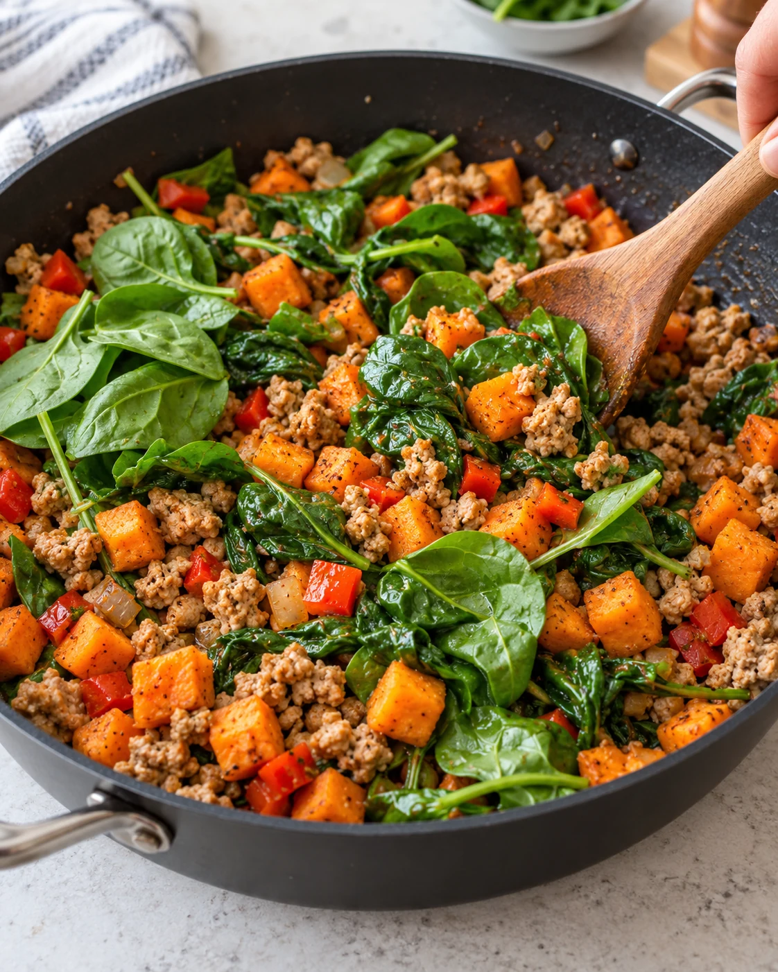 Spinach and bell pepper folded into the finished turkey sweet potato skillet