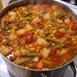 Homemade vegetable beef soup with ground beef, potatoes, corn, peas, green beans, carrots, and tomatoes