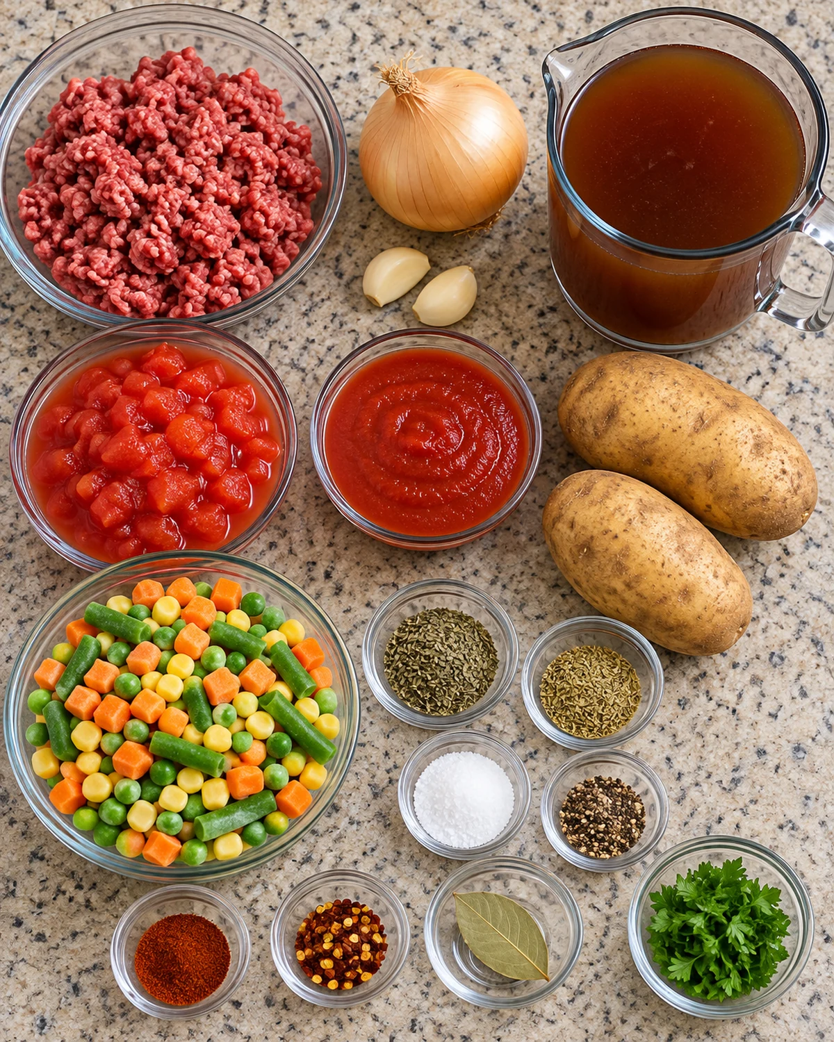 Ground beef, potatoes, frozen mixed vegetables, tomatoes, beef broth, onion, garlic, and herbs for vegetable beef soup