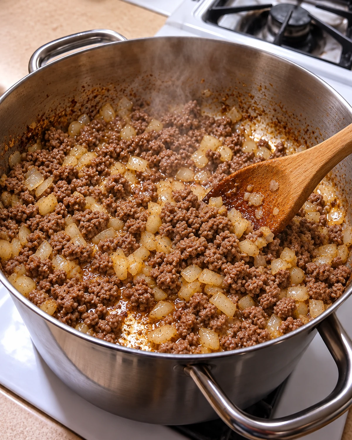 Lean ground beef and diced onion browning in a stainless steel soup pot
