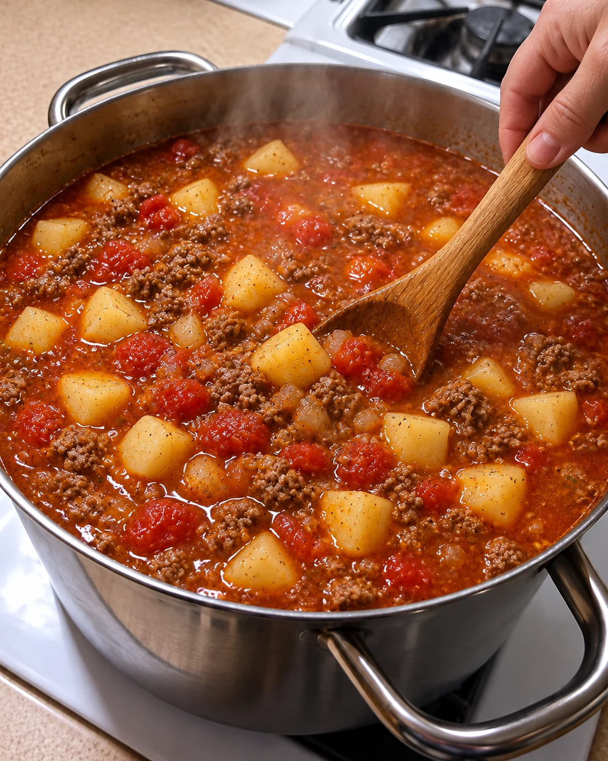 Ground beef, tomatoes, tomato broth, and diced potatoes simmering in a stainless steel pot