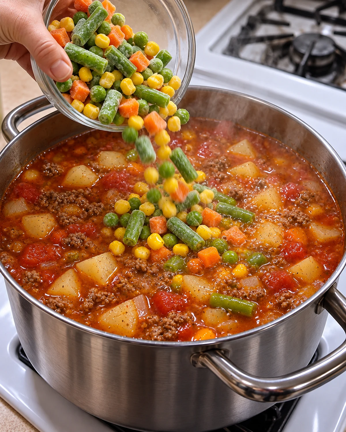 Frozen corn, peas, carrots, and green beans being added to vegetable beef soup