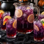 Purple Witches Brew Lemonade with lemon wheels, gummy worms, bubbles, and red grenadine swirls