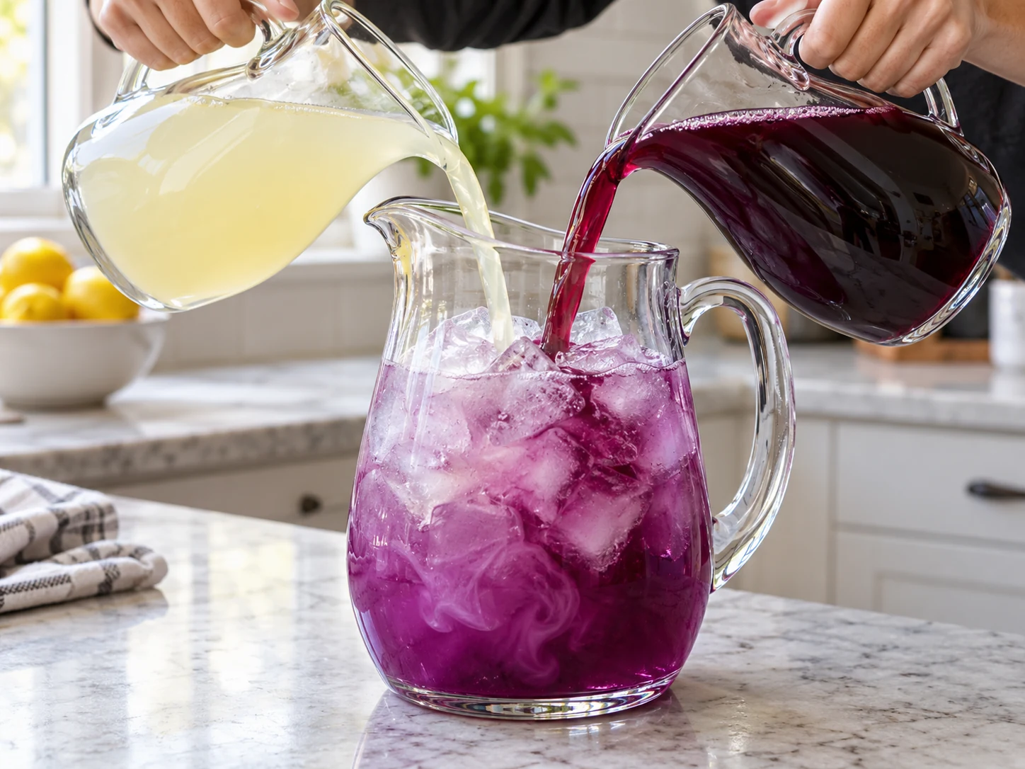 Chilled lemonade and dark grape juice poured over ice in a clear pitcher