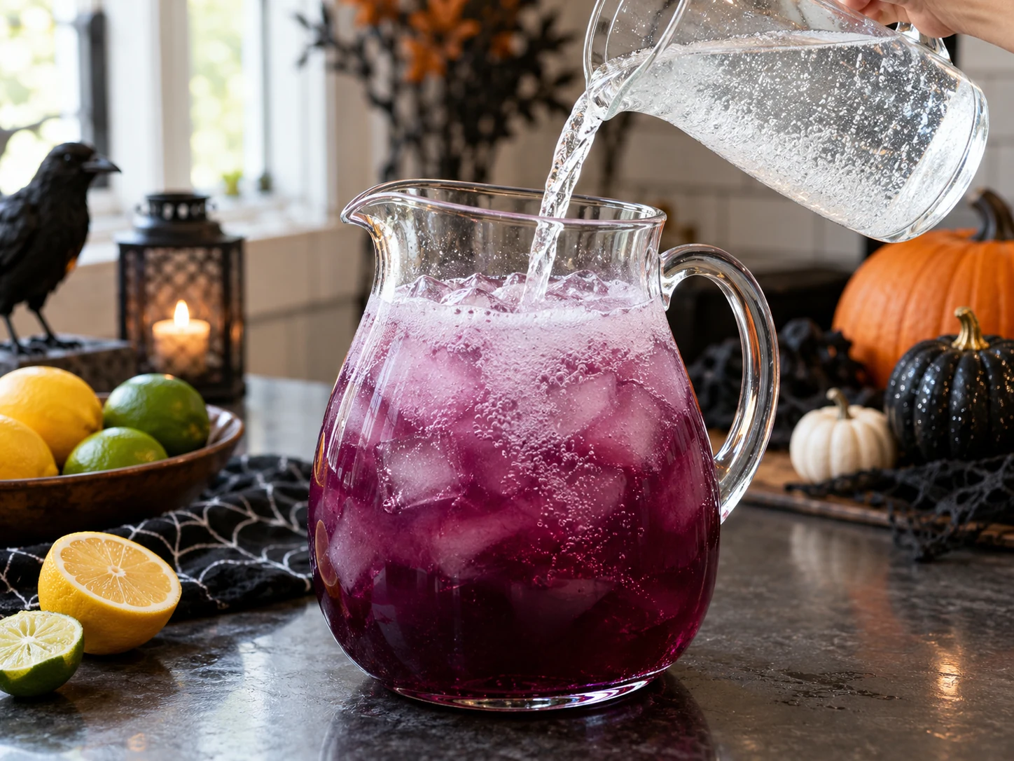 Lemon-lime soda added to purple Witches Brew Lemonade in a pitcher