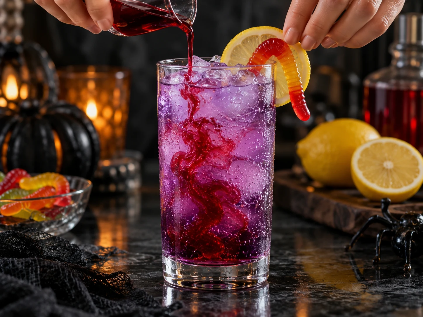 Grenadine drizzled into a glass of purple lemonade with lemon and gummy worm garnish